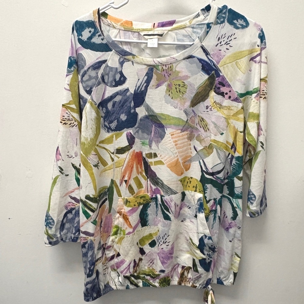 Christopher & Banks Floral Top Women Large Multi Good Kangaroo Pocket Side Tie